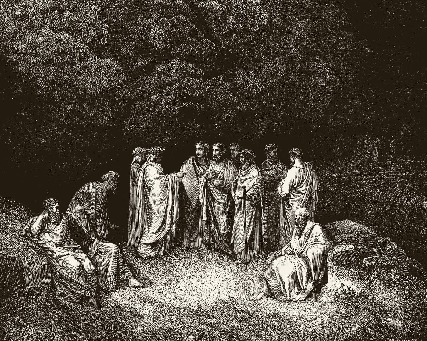 Num bosque escuro, Dante e Virgílio são recebidos por Homero, Horácio, Ovídio e Lucano, de pé e sentados numa clareira iluminada.