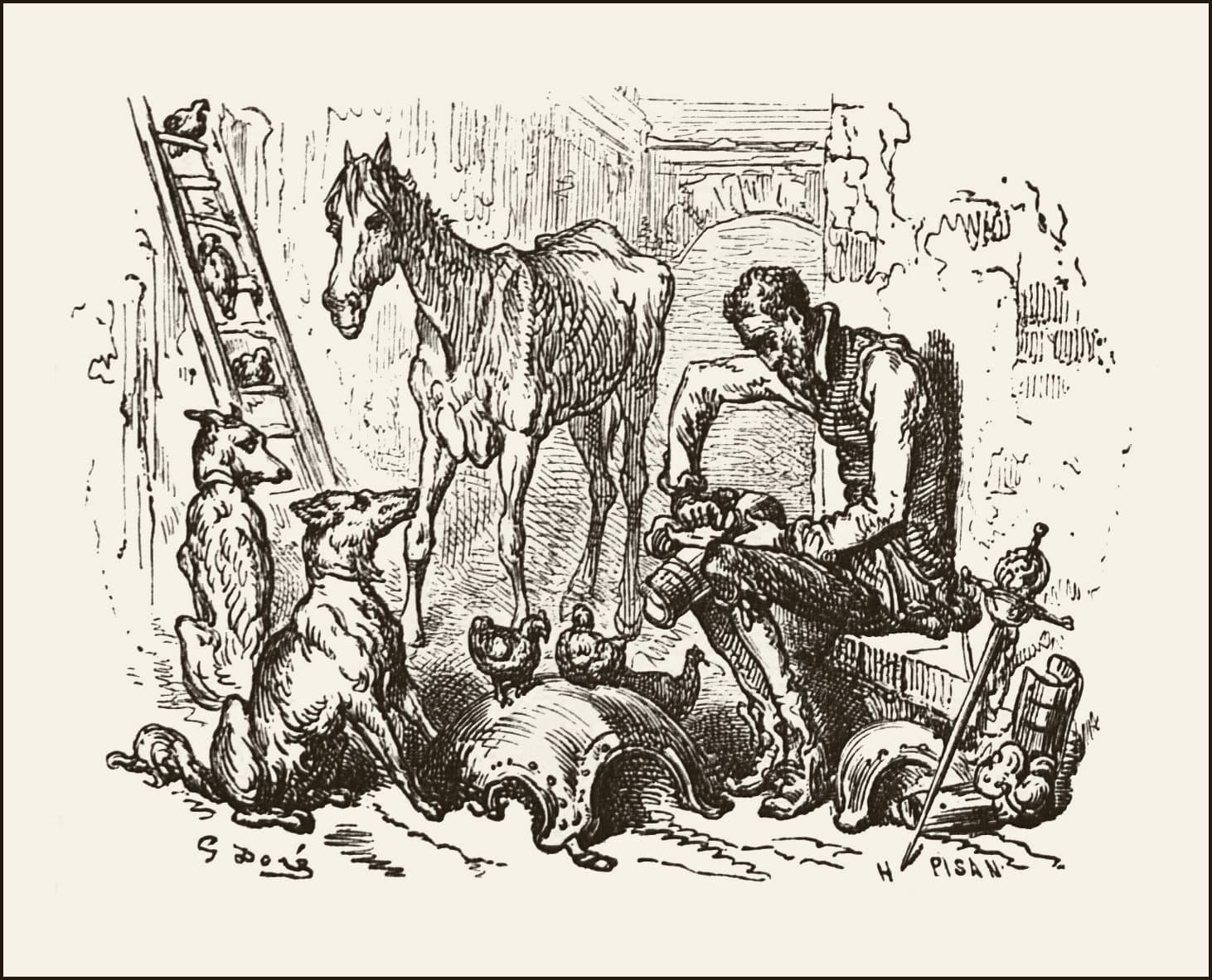 Alonso Quijano, sentado, limpa as armas velhas dos bisavós, entre o cavalo magro, dois galgos e galinhas.